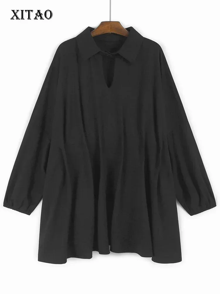 

XITAO Pleated Batwing Sleeve Hollow Out Dress Casual Loose Fitting A-line Solid Color Simple Lapel Autumn Women Dress HJF1138