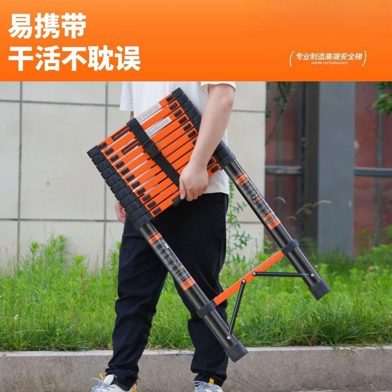 Single-sided Thick Bamboo-joint Telescopic Ladder, Convertible Straight & A-frame Ladder for Home & Construction