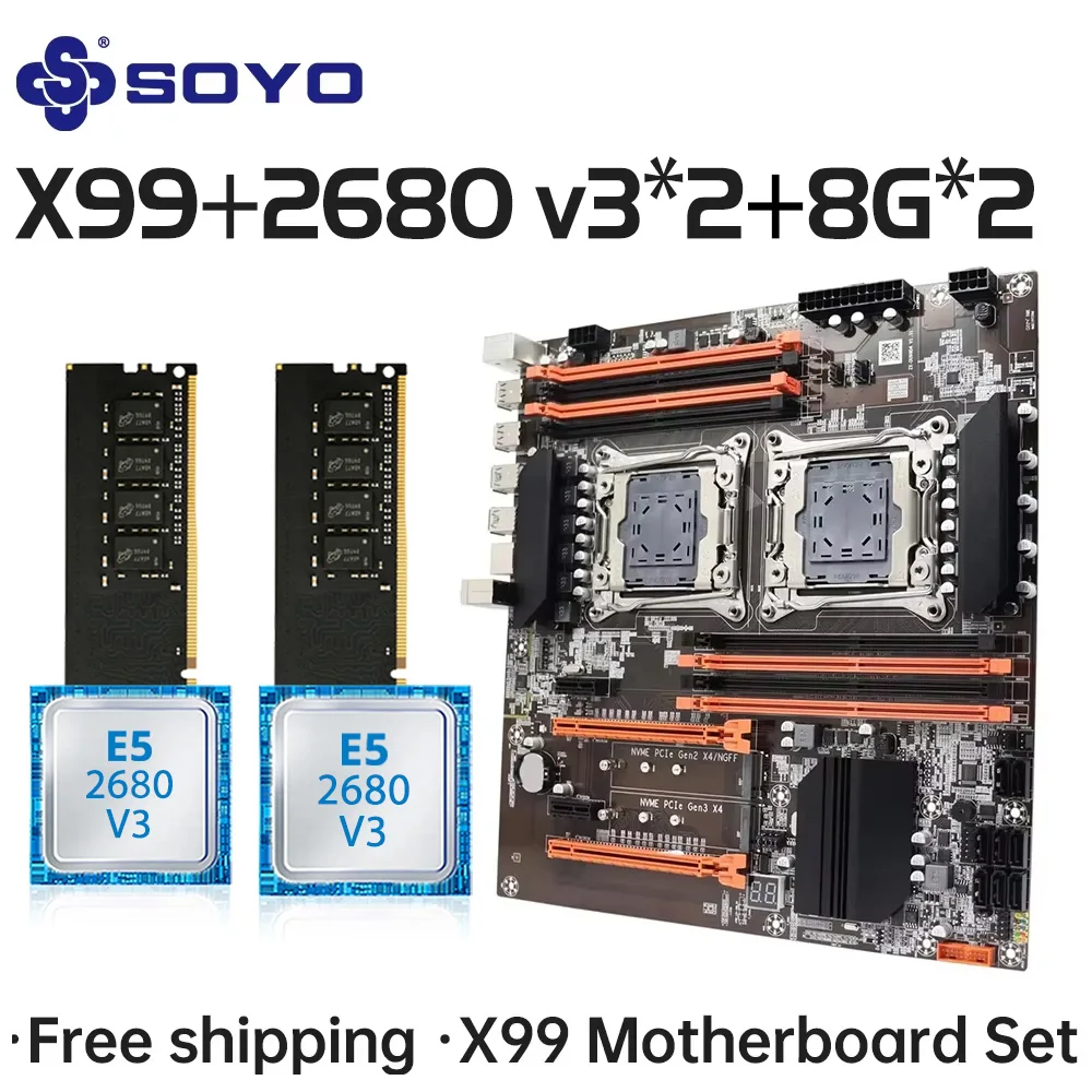 

Gaming Motherboard Kit SOYO X99 Dual CPU lntel Xeon E5 2680 V3*2 DDR4 16GB (2*8GB) LGA2011-3 M.2 Desktop Computer components