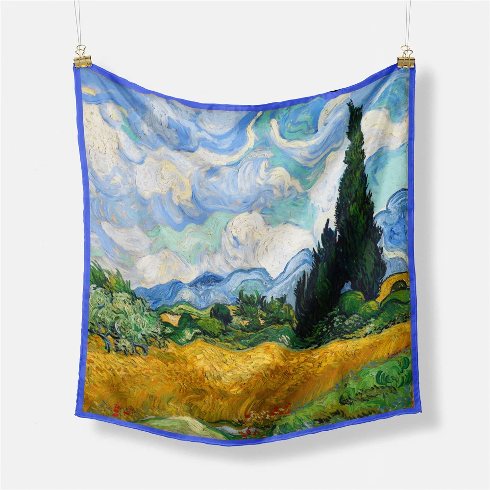 53CM Famous Oil Painting Fashion Women Scarf Wraps Twill 100% Silk Scarf Square Scarves Head Scarf Hijab Neckerchief Bandan