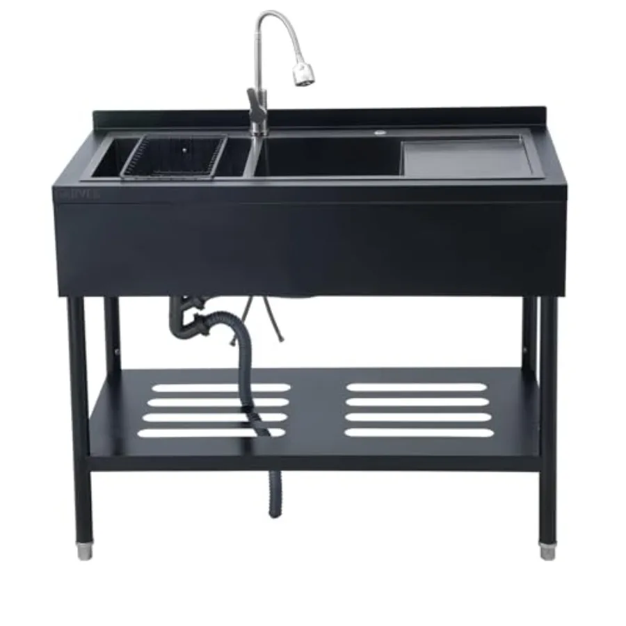 

Freestanding stainless steel utility sink with faucet, double bowl kitchen basin with drainboard, portable cabinet design, adju