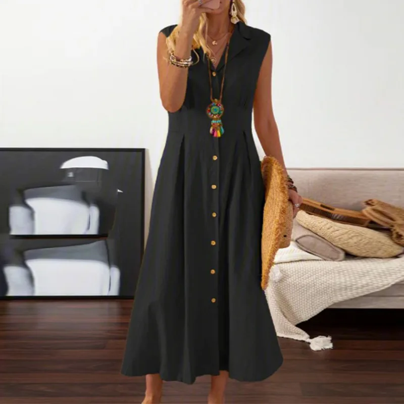 Summer Casual Button Lapel Cotton Blend Women Dress Vintage Solid  A-Line Dresses Fashion Ladies Sleeveless Loose Shirt Dress