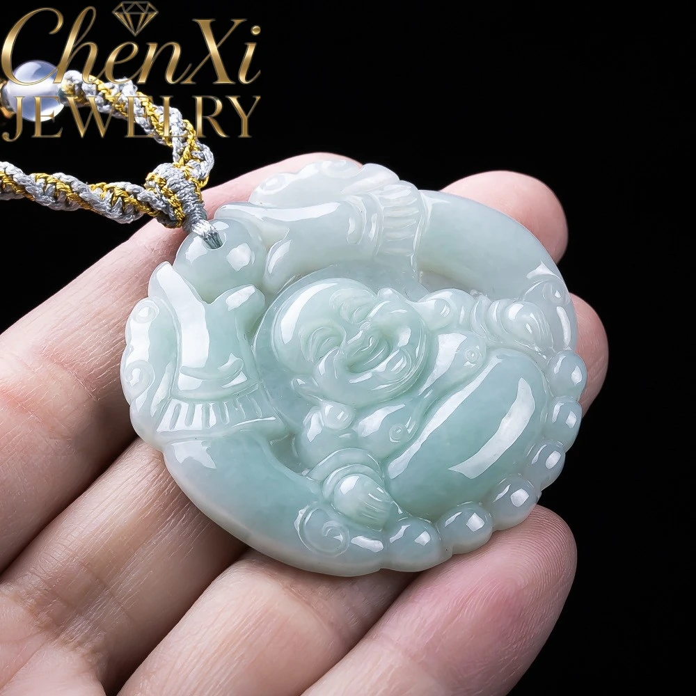 Natural A-Grade Jadeite Double Dragons Guard Maitreya Buddha Pendant Icy Smooth Texture Lucky Exquisite Jewelry Elegant Gift