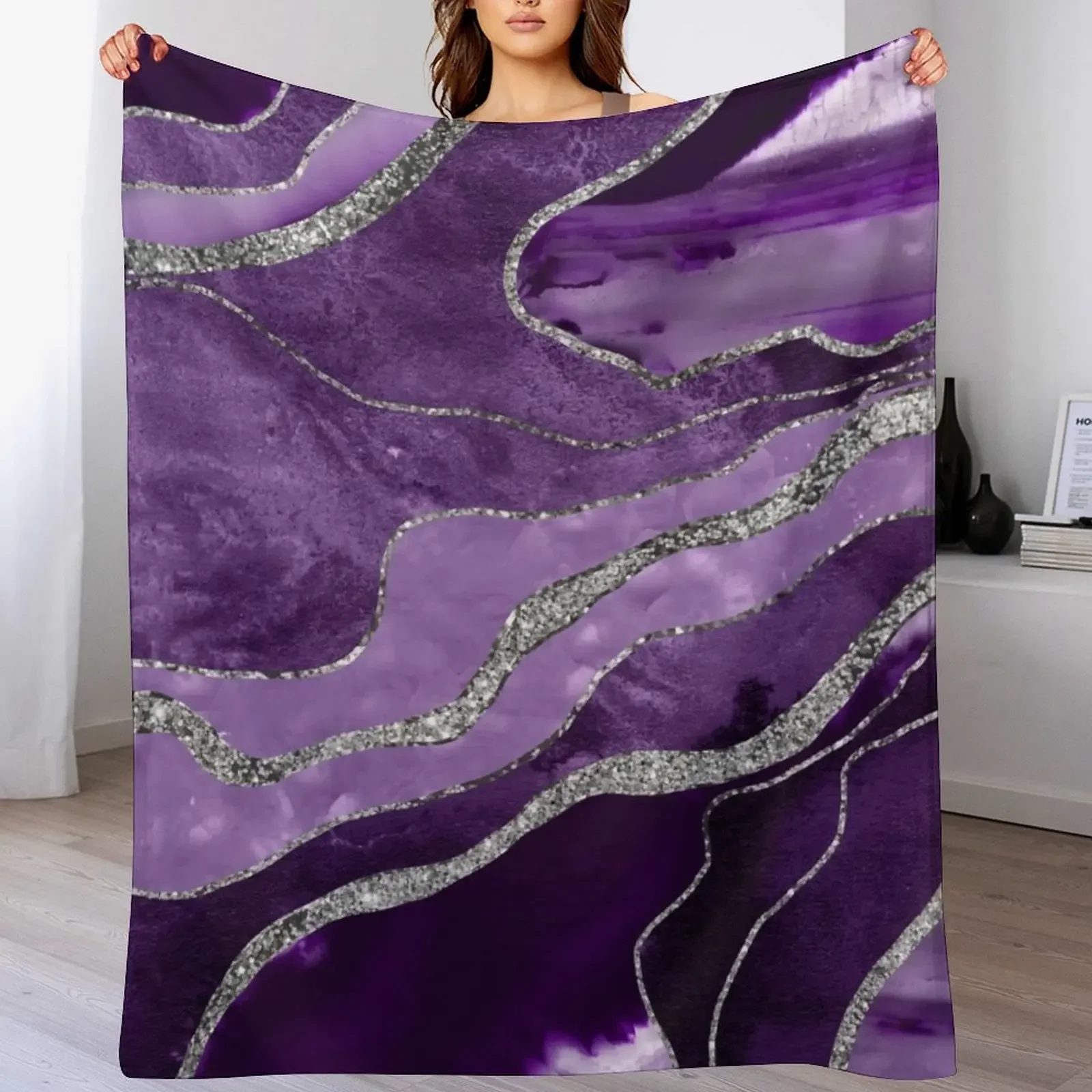 Purple Marble Agate Silver Glitter Glam #1 (Faux Glitter) #decor #art Throw Blanket Summer Luxury St Cute Bed linens Blankets