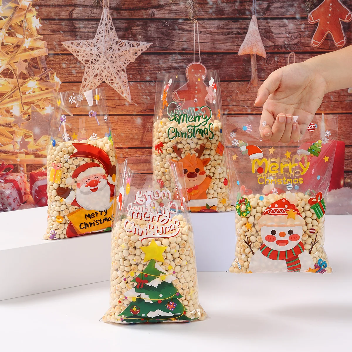 10/25/50pcs 크리스마스 투명 캔디 가방 크리스마스 장식 산타 엘크 선물 가방 Navidad 크리스마스 선물 가방 Cristmas 포장 가방