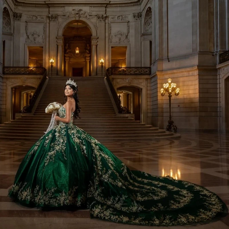 Emerald Green Quincenara Dress 2024 Mexico Gold Lace Beads Vestidos De 15Años Quinceañera XV Brithday Sweet 16 Dresses Ball Gown