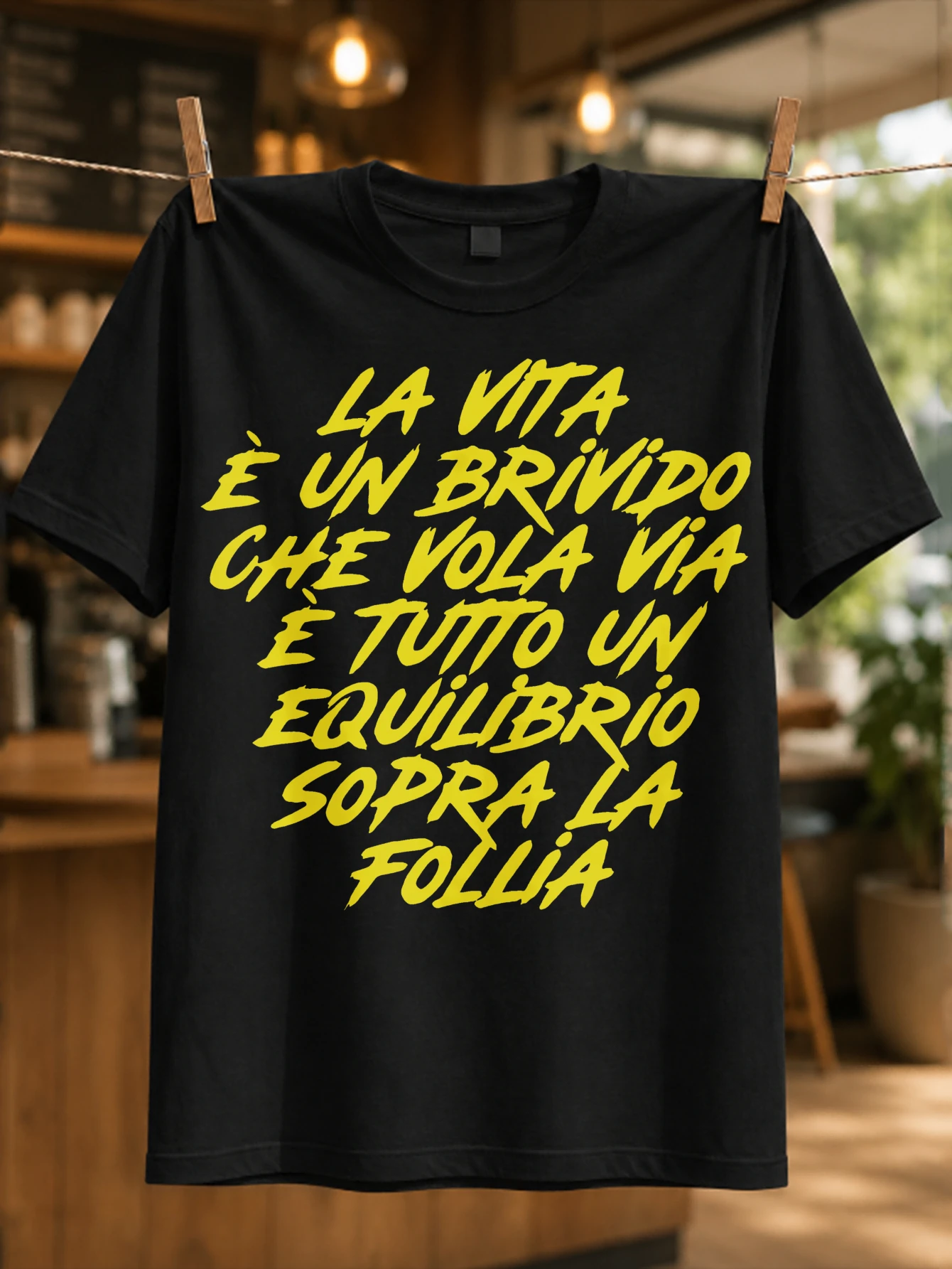 Yellow Italian Life Quote bold handwritten brush lettering about equilibrium and folly expressive  Unisex All T-Shirt