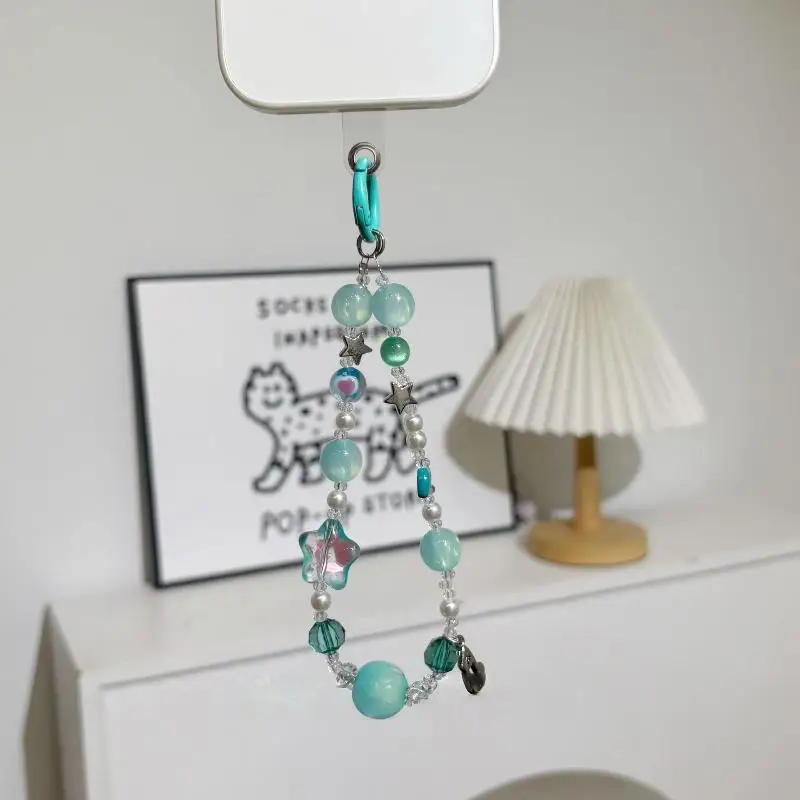 Ins Popular Light Blue Beaded Phone Charm Strap Anti-Loss Star Pearl Bow Accent for Women Phone Purse Hanging Decor - view 3