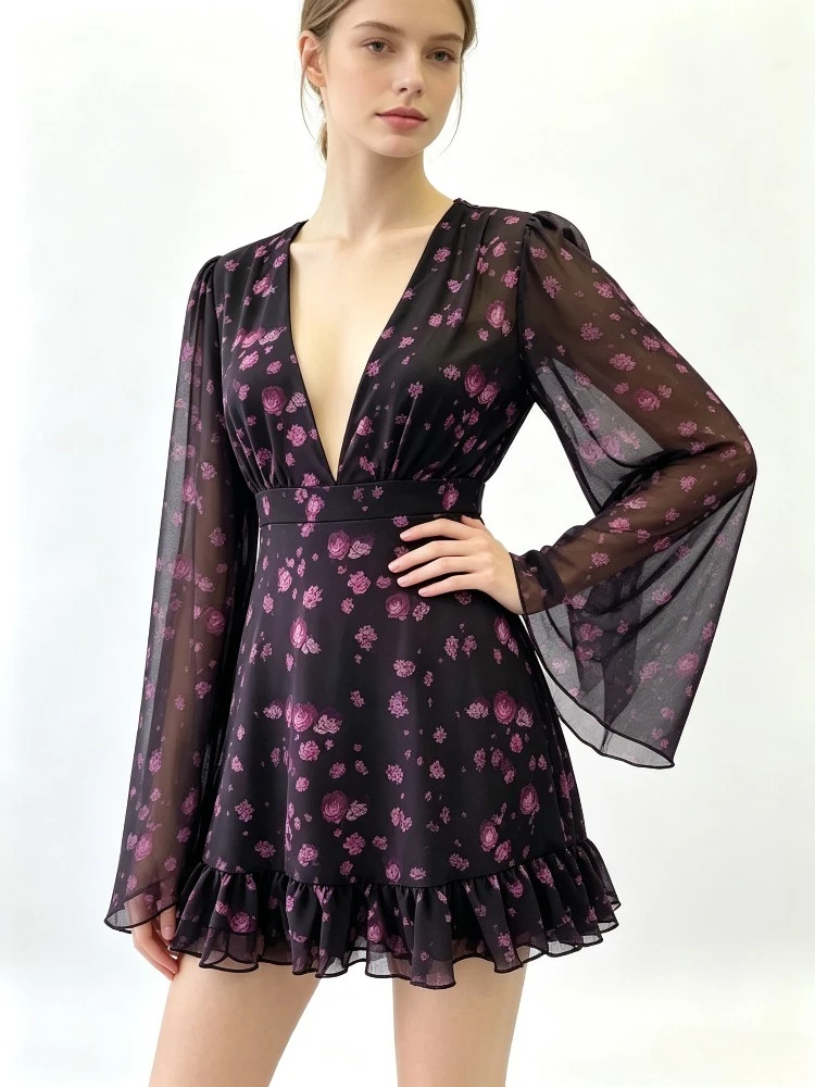 Deeptown Sexy Blumenmuster-Rüschenkleid für Damen, Puffärmel, tiefer V-Ausschnitt, A-Linie, kurze Kleider, schwarzes Rüschen-Minikleid