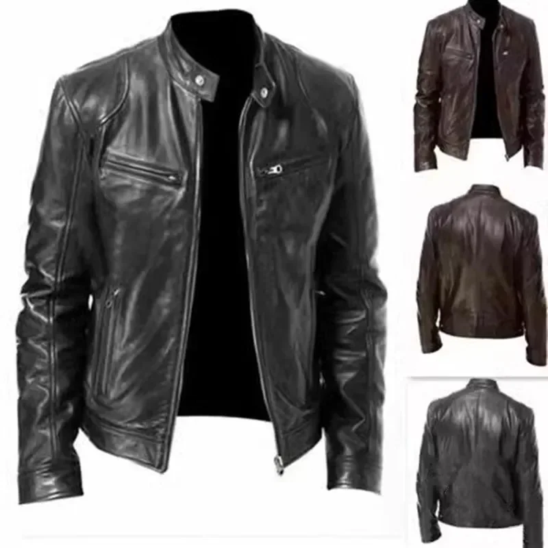 

2024 Fashionable Men's Leather Jacket Slim Fit Standing Collar PU Jacket Men's Windproof Motorcycle Lapel Diagonal Zipper Jacket