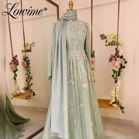 

Sage Green Beaded Long Sleeve Party Dress Customized Arabic Dubai Muslim Women's Formal Bride Dresses A Line Wedding Guest Gowns