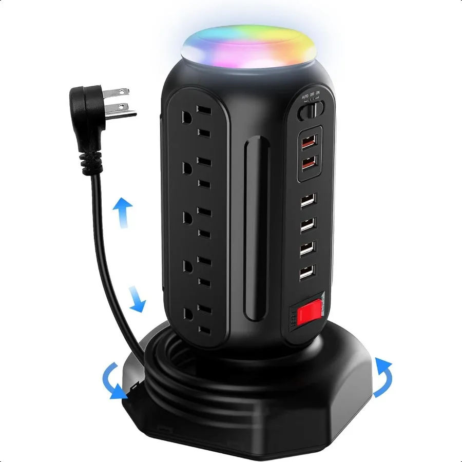 

Power Strip Tower with Colorful Nightlight 15 AC Outlets and 6 Fasting USB Ports Retractable Extension Cord with Multiple Outle