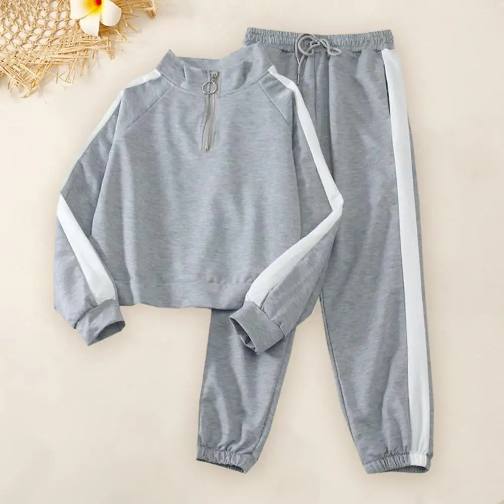 2 Pcs/Set Sweatshirt Pants Set Stand Collar Zipper Loose Soft Elastic Waist Ankle-banded Wide Leg Pockets Color Matching Women