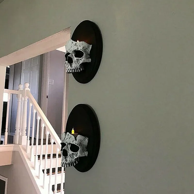 New Halloween Skull Head Candle Holder Scary Skeleton Head Wall Mounted Candle Sconce Home Bar Restaurant Candlestick Decor