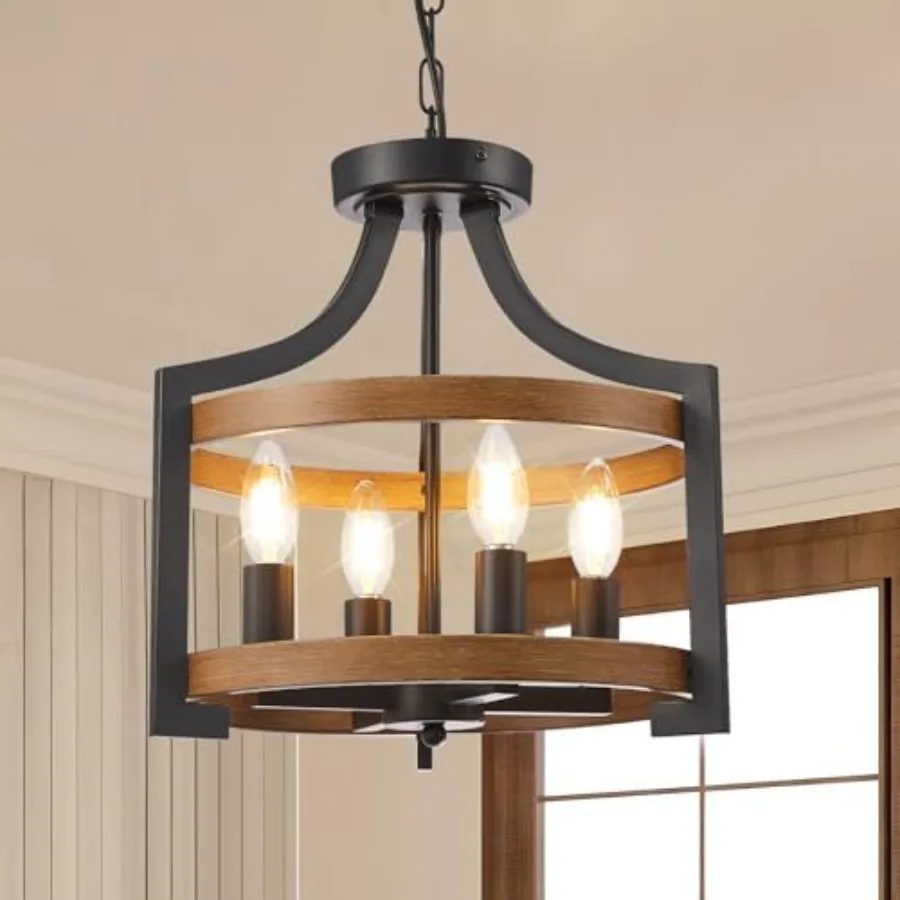 

Farmhouse Chandelier, Convertible Semi Flush Mount Ceiling Light, Modern Hanging Pendant ing, Black and Faux Wood Pendant Light