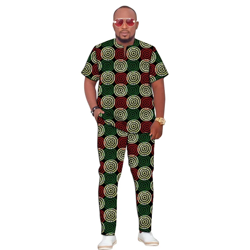 African Clothes Short Sleeve Tops With Trousers Men's Groom Suit Male Nigerian Fashion Pant Sets Wedding Party Outfits