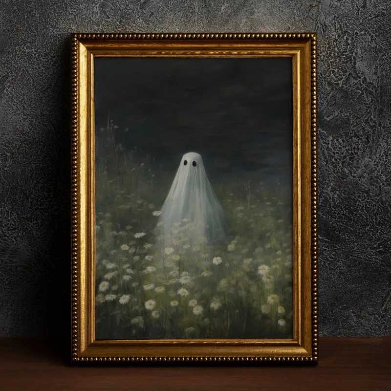 Vintage Ghost in Daisy Flower Field Wall Art Print, Dark Moody Spooky Ghost Gothic Halloween Home Decor Unframed Canvas Painting