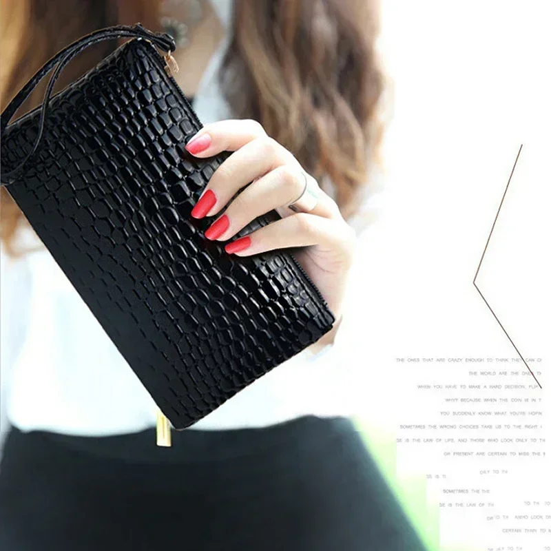 New Women Crocodile Pattern PU Long Wallet Litchi Grain Coin Purse Female Bag Wrist Bags Zipper Phone Pocket Credit Card Holder