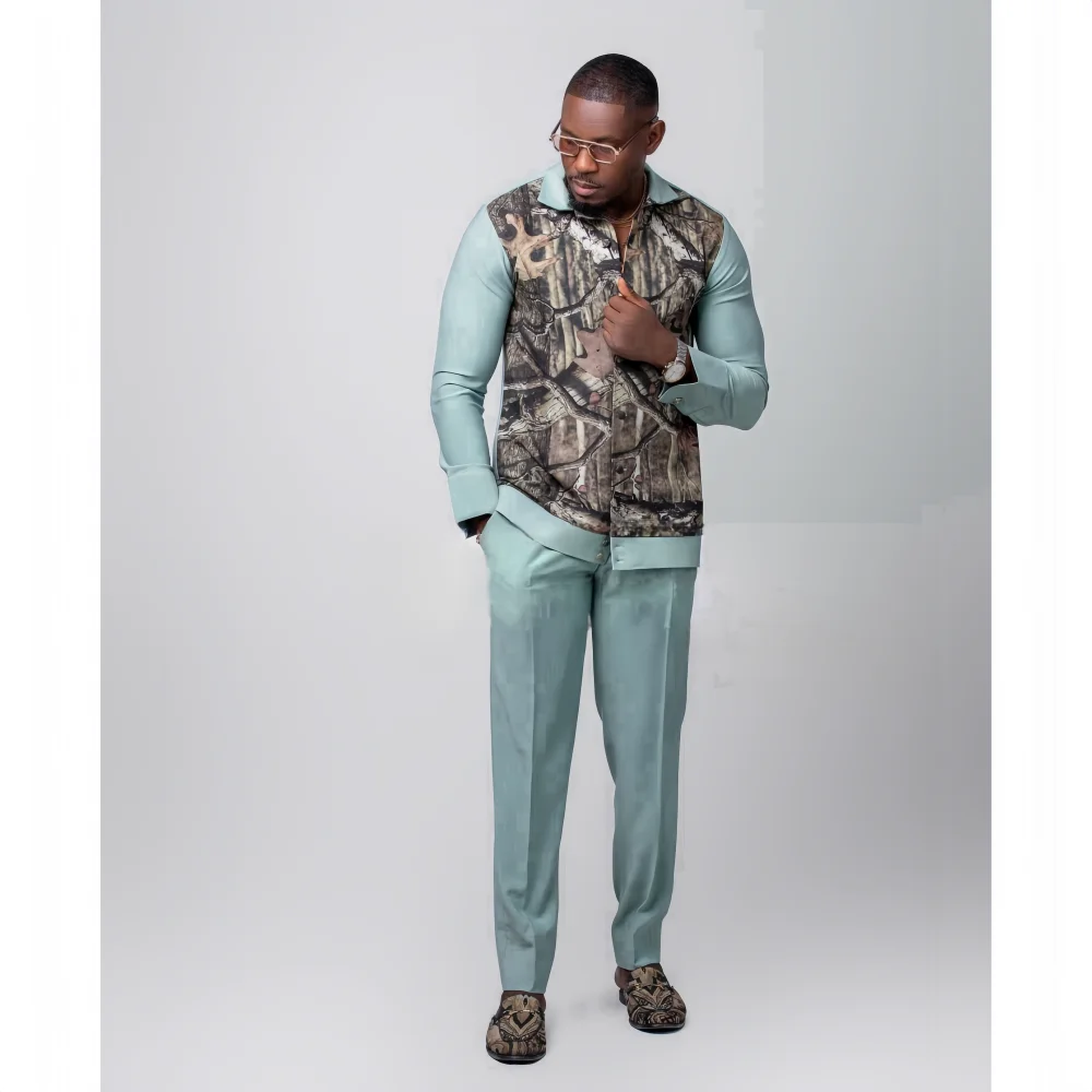 2025 New African Traditional Men's Set, Casual Long Sleeve Travel Men's Two Piece Set, Printed Button Fashion Trendy Men's Suit