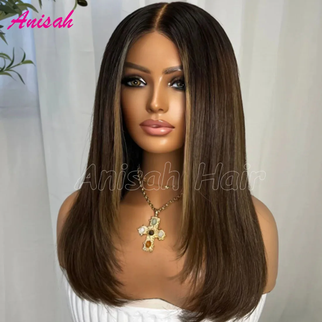 

Brazilian Hair Ombre Brown Highlight Straight Lace Front Wig Human Hair 13x4 Transparent Lace Pre Plucked Natural Hairline Wig