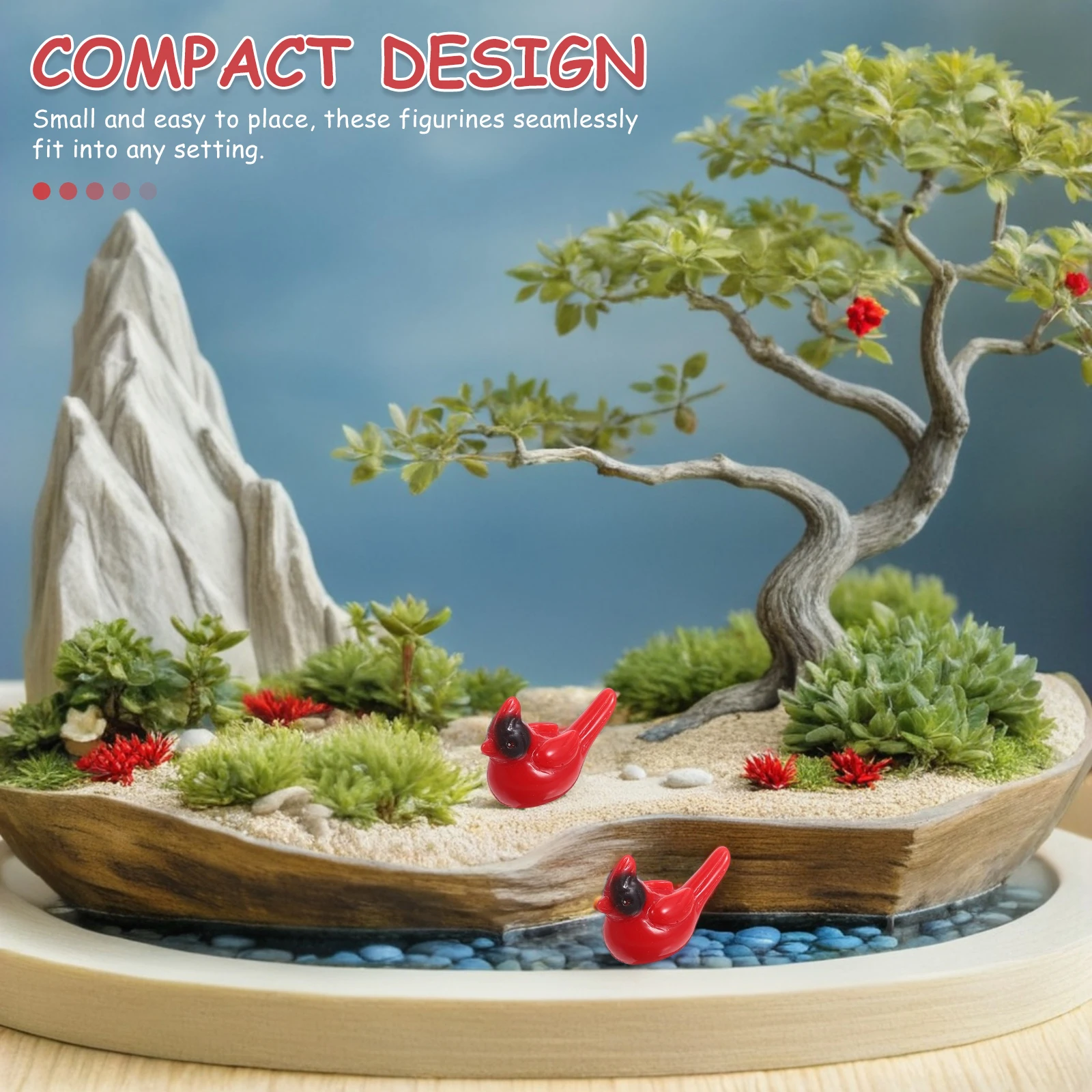 

50Pcs Moss Micro Landscape Ornaments Resin Red Cardinal Bird Decor for Fairy Garden Bonsai Desktop Miniature Animal Accents