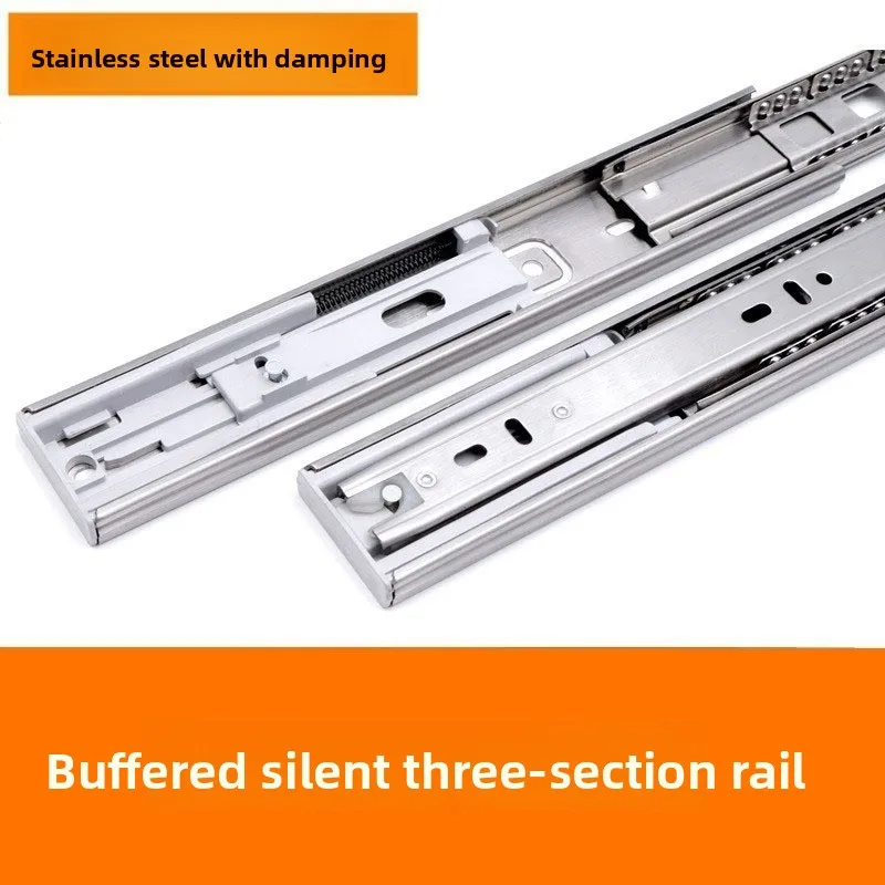 Three-Section Stainless Steel Drawer Slides Soft Close Damping Full Extension Side Mount Rails Cabinets Wardrobes File Drawers