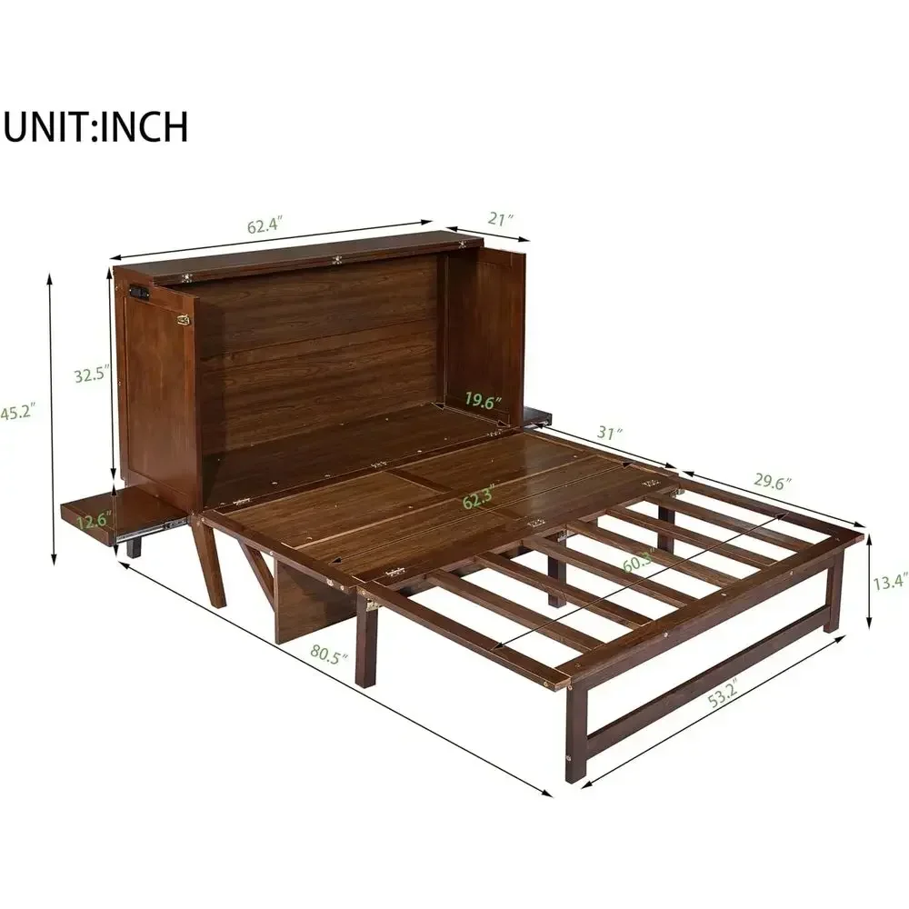 Wall-Mounted Queen Murphy Bed with Desk, USB Ports, and Side Shelves - Ideal for Small Spaces in Walnut Finish view 2