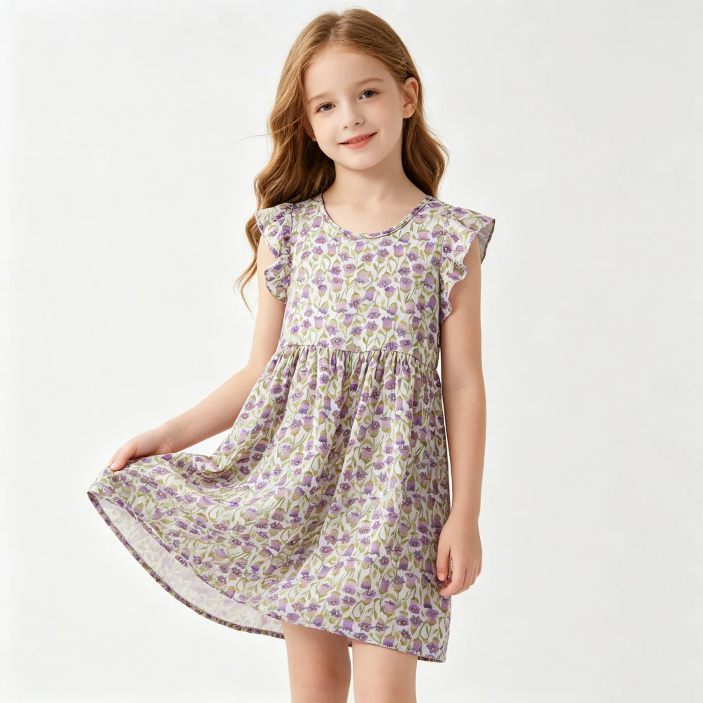 Floral Print Kids Dress, Ruffle Sleeve Cotton Casual Daily Dress for Girls 1-16Y, All Sizes 80-165cm