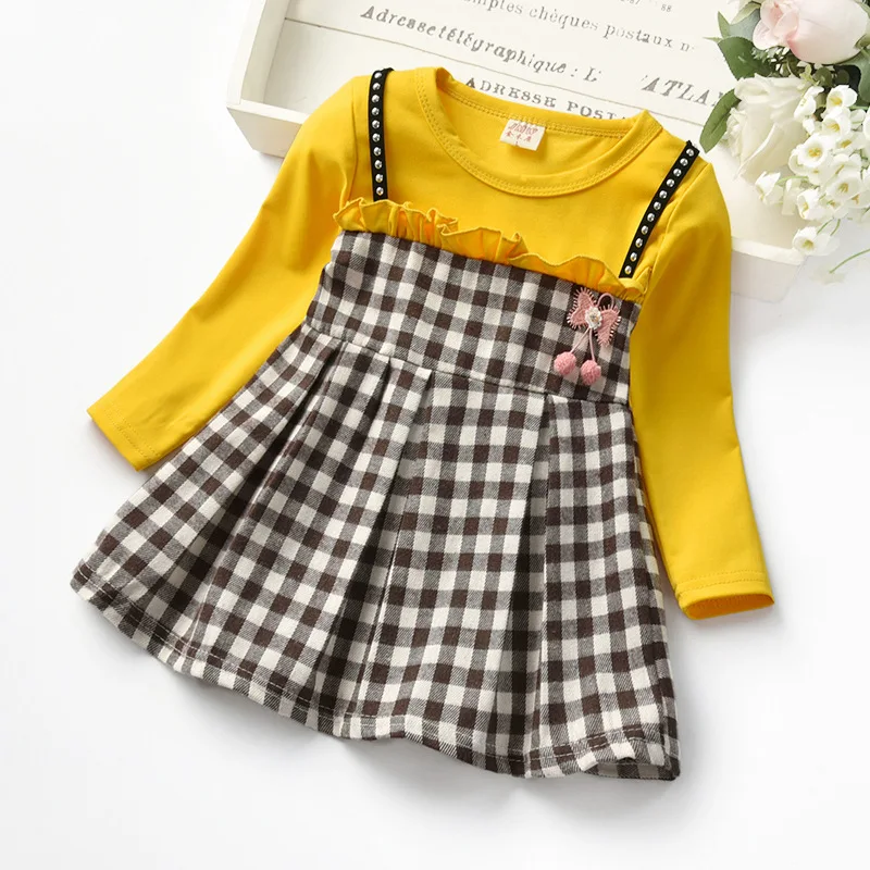 Autumn 2023 baby girls rivet plaid long-sleeved dresses Toddler fake two pcs lace princess dresses