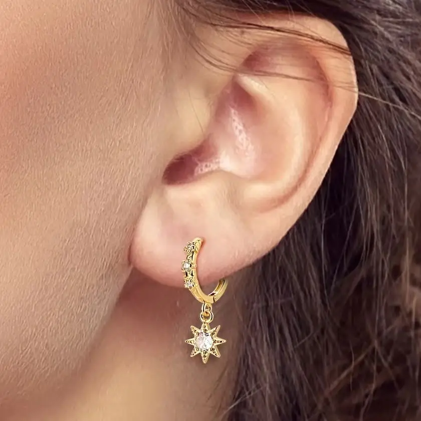 

Original 925 Silver Earring Star Moon Gold Pendant Earring For Women Beautiful Jewelry