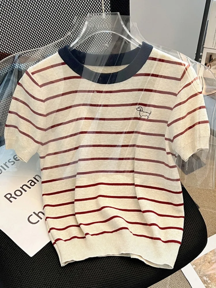 Camiseta de malha bordada ort Sve feminina verão slim fit listrado ort sle versão coreana top faionable