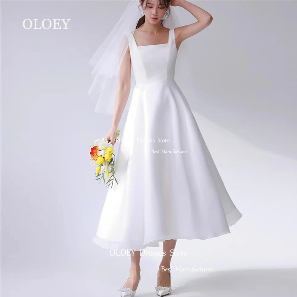 

OLOEY Simple White A Line Wedding Dress Korea Photoshoot Square Collar Sleeveless Bridal Gown Mid Calf Length Corset Custom Made