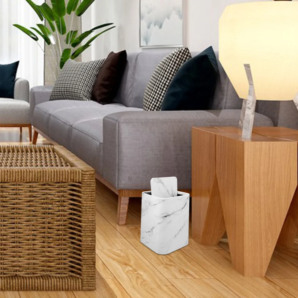 Marble Pattern Trash Can Lid Garbage Container Waste Paper Basket Plastic Bathroom Living Room Kitchen Elegant Design