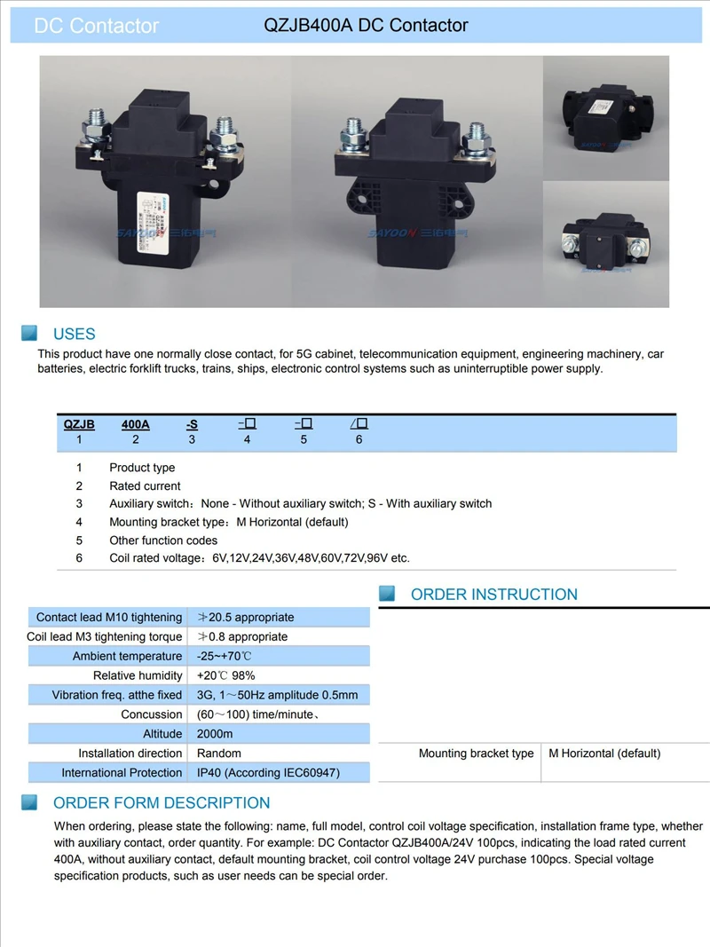 QZJB400A dc contactor Direct current DC power electric contactor Magnetic Contactor Motor Control