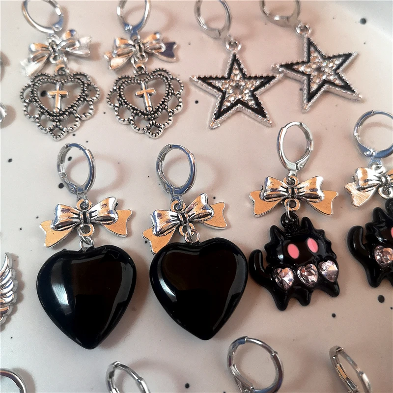 Goth Vintage Cute Bowknot Pink Strawberry Heart Star Pendant Earrings Egirl Gothic 2000s Y2K EMO Rave Jewelry Scene Accessories