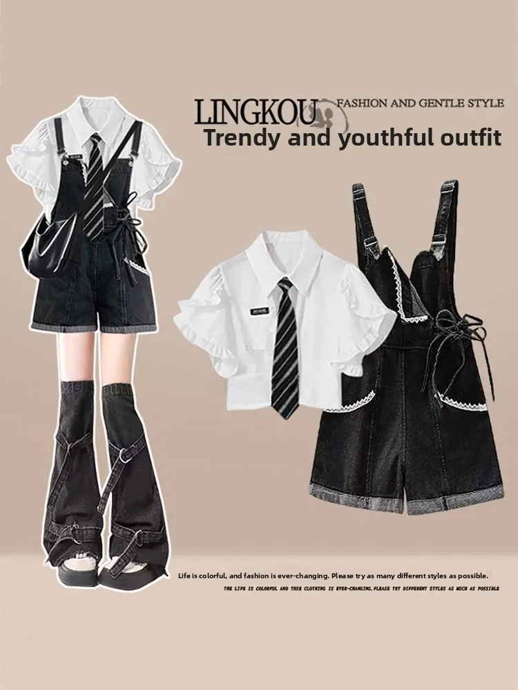 

Летний комплект большого размера для колледжа, женский высококачественный комплект Feel Fly Sve irt, корейский джинсовый комбинезон в стиле ретро, комплект из двух предметов