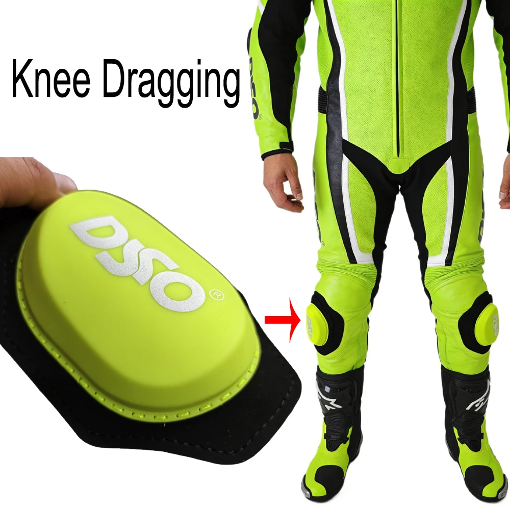 DSO Motorcycle Knee Sliders Fluorescent Green Racing Protector Pads Motocross Track Cornering Knee Guards Drag Pucks Street Spor