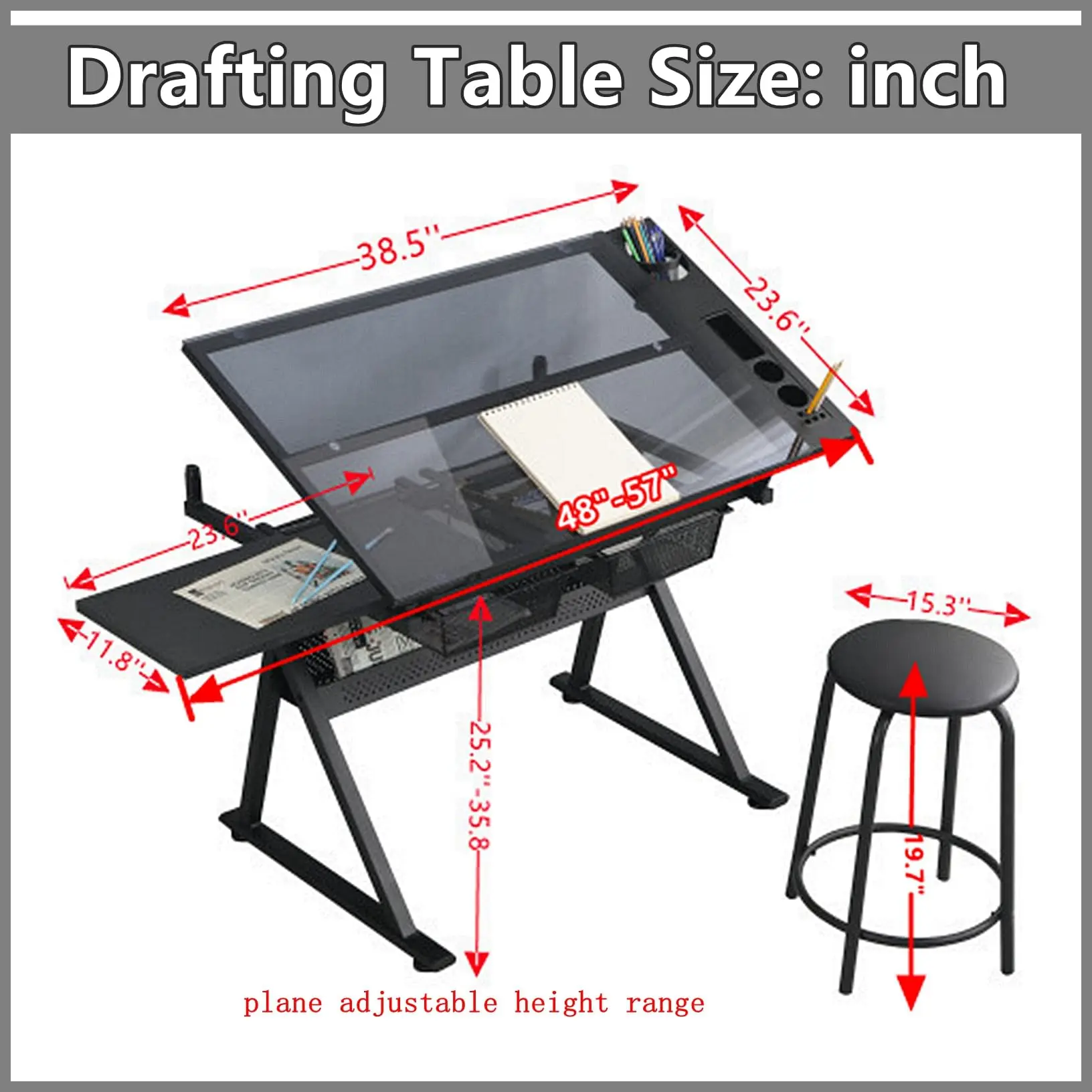 Drafting Table for Artists, Glass Drawing Table with Stool,T1-Black