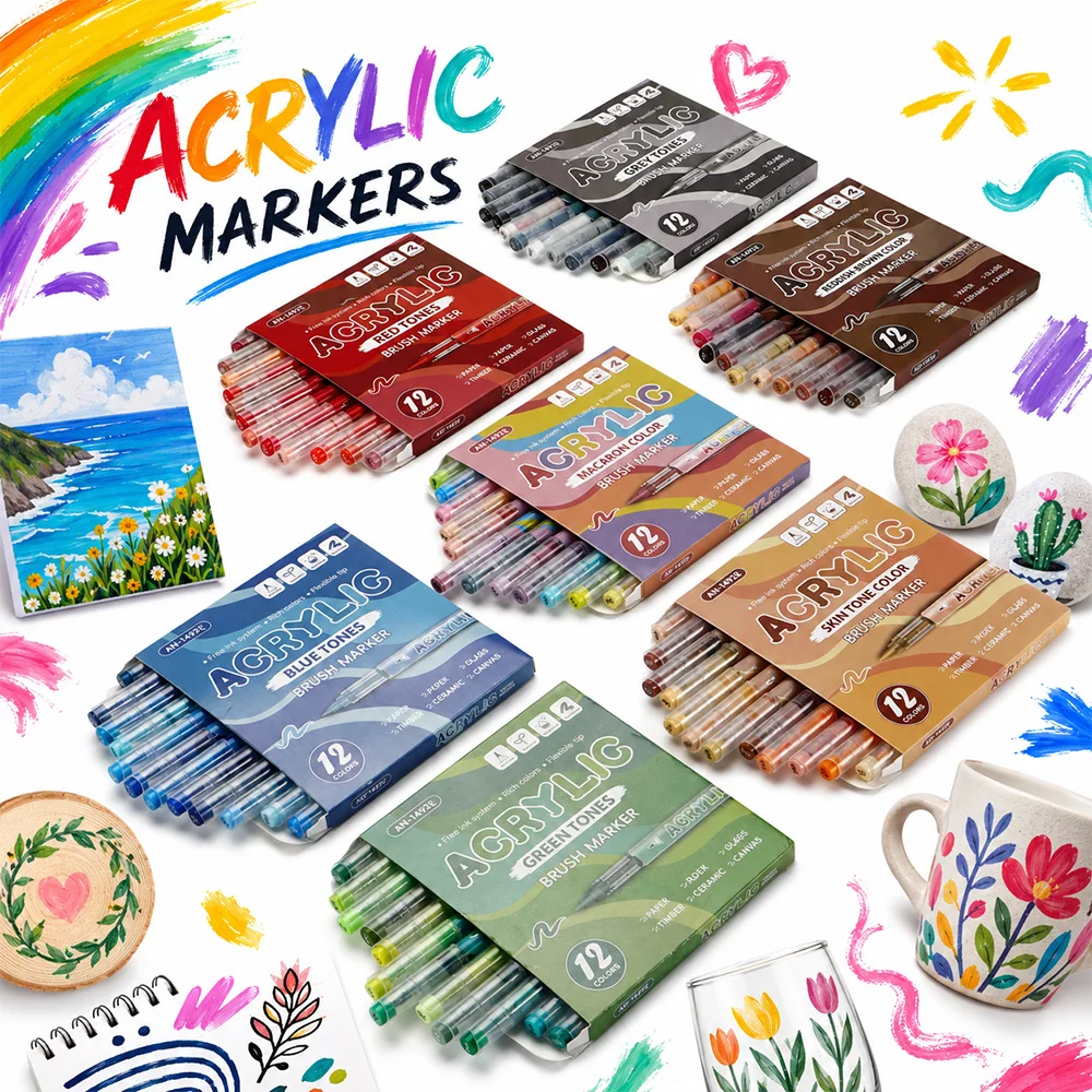 Marqueurs acryliques 12 couleurs, 7 ensembles de couleurs thématiques, stylos à pointe pinceau souple, illustrations manga, bricolage, artisanat, fournitures d'art pour verre, céramique, toile