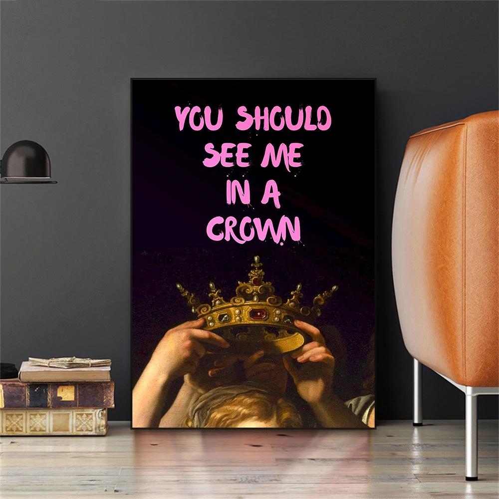 Altered Art Oil Painting Prints Retro Woman Portrait with Crown Wall Art Canvas Painting Decor Classical Wall Art Bedroom Decor