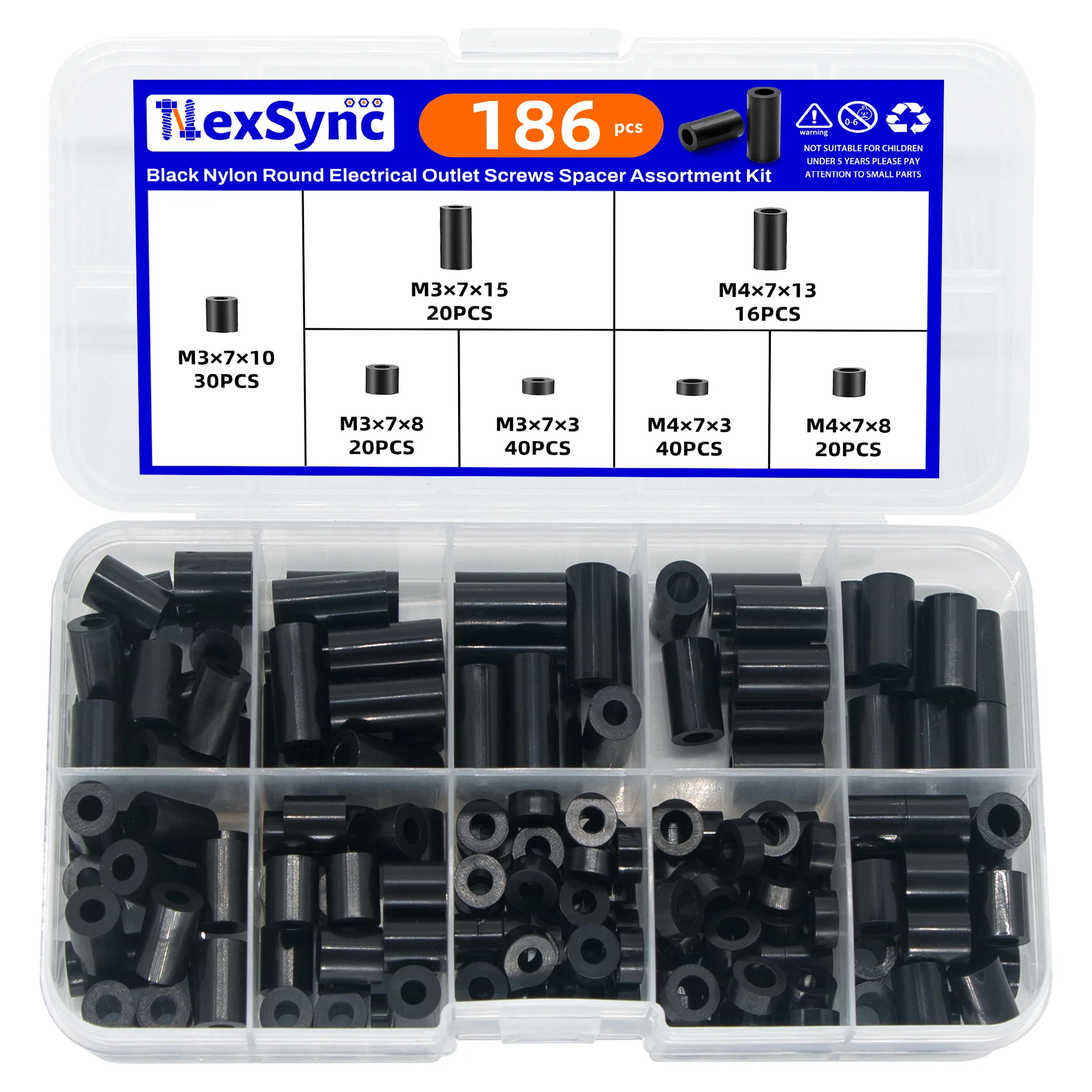 186pcs Black Nylon Round Electrical Outlet Screws Spacer Assortment kit M3 M4 Electrical Outlet Computer Repair Automobile