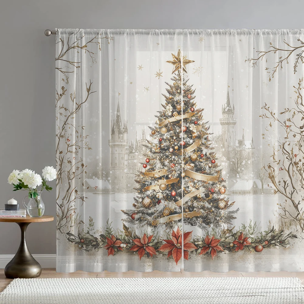 2pcs Red Leaf Flower And Colorful Ball Tree Print Home Decoration Window Screens Suitable For Kitchen, Coffee Shop