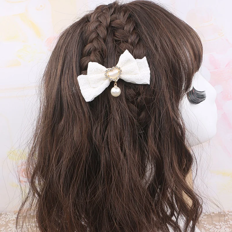 Kawaii Lolita Barrettes Jirai Ke Headdress Two Pieces Sweet Cute Japanese Lace Bow Hairpin Side Clip Akcesoria do włosów dla kobiet — zdjęcie 4