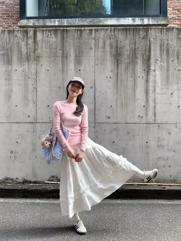 

Розовый романтичный мягкий трикотажный топ с круглым вырезом и рукавами-колокол, облегающий, в корейском стиле, свободного кроя, для повседневной носки