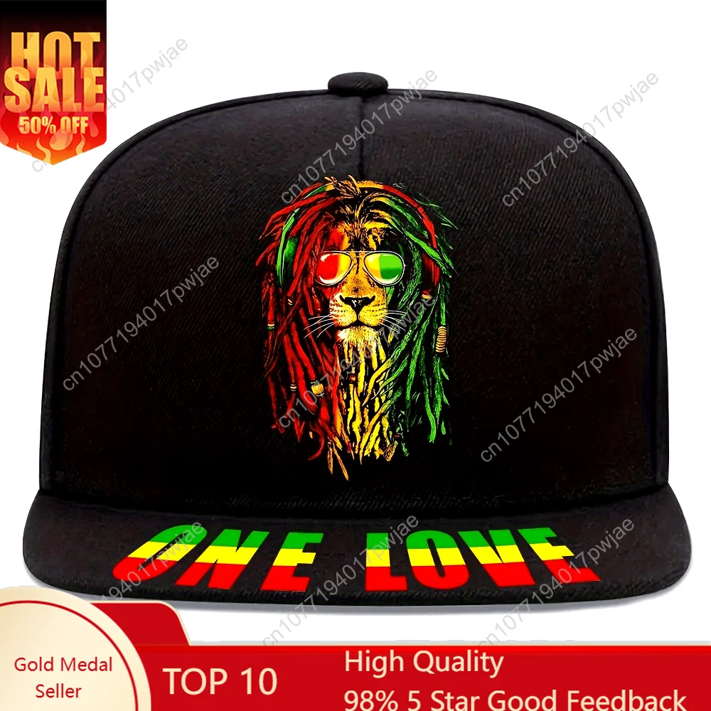 ONE LOVE " Reggae-Inspired Baseball Cap - Street Style, Sun Protection, 100% Polyester, Hand-Washable - Black with Colorful Lion