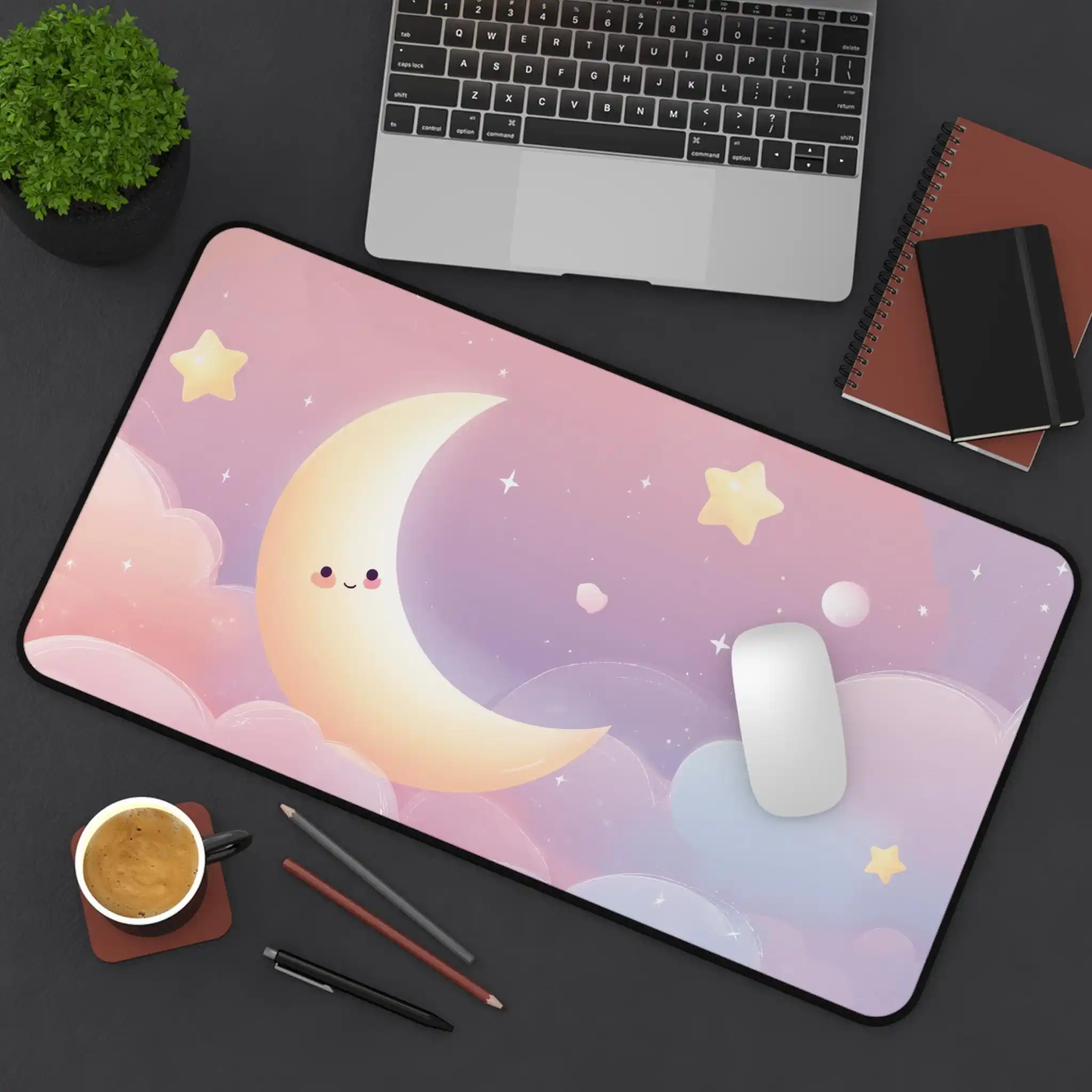 

Cute Kawaii Moon Desk Mat, Pastel Starry Sky Mouse Pad, Suitable for Gaming, Office, and Study, Beautiful Desk Decoration