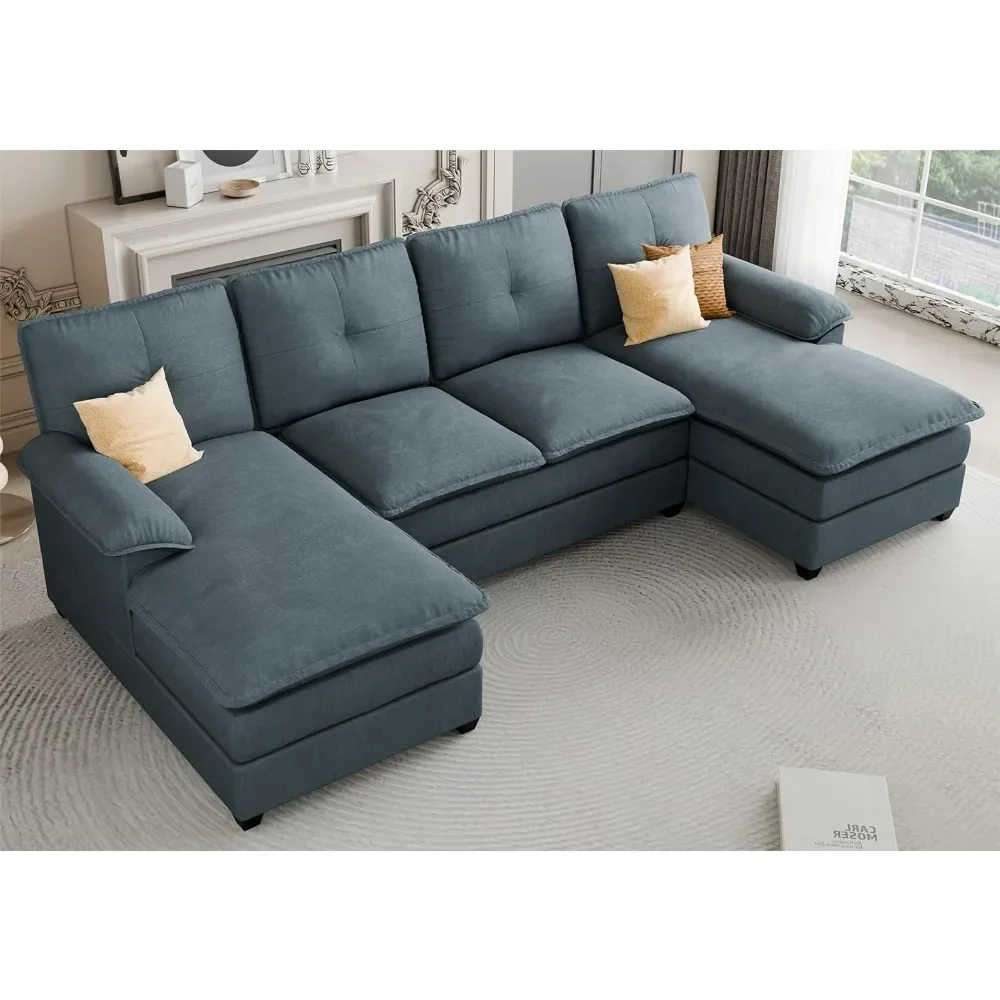 Sofa Living Room, U-Shaped Couch 4 Seat Sofa Set with Double Chaises, Modern Fabric Modular Sectional Sofa