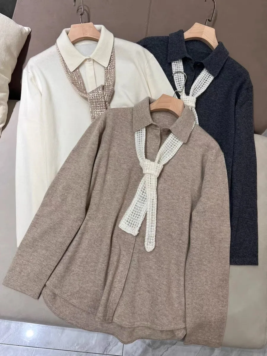 Pure Cashmere Knitted Shirt, Exclusive Decorated, Long Sleeve