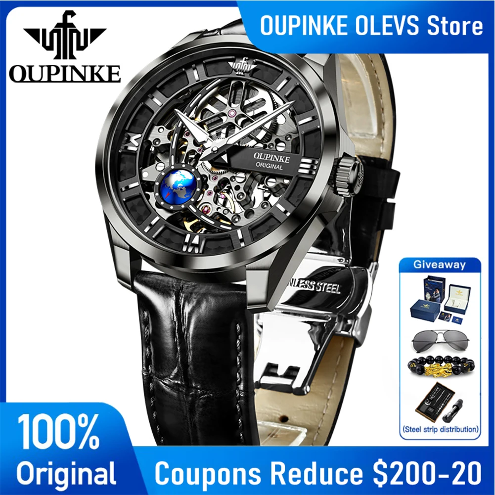 OUPINKE 3268 Orologio da uomo di alta qualità di lusso scheletro orologio meccanico automatico 50M orologio impermeabile cinturino in pelle regali Reloj