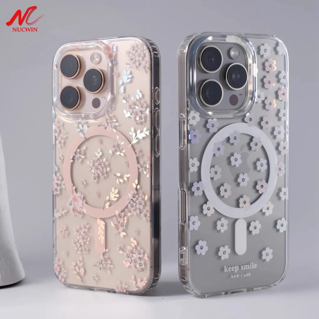 Retro Blumen-Laserdesign für MagSafe Hülle für iPhone 14 15 16 Pro Max Plus Aurora Transparente Kabellose Ladehülle für iPhone 16 Pro